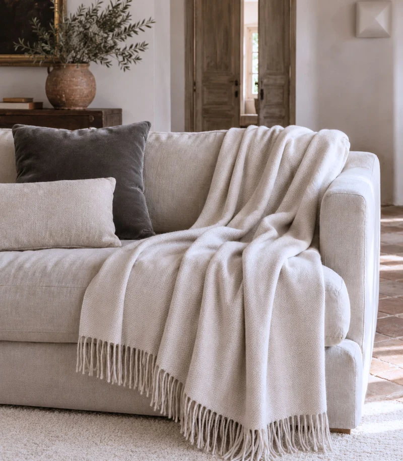 Plaid Chevrons Beige et Ecru - 100% Cachemire Luxe 140 x 200 cm