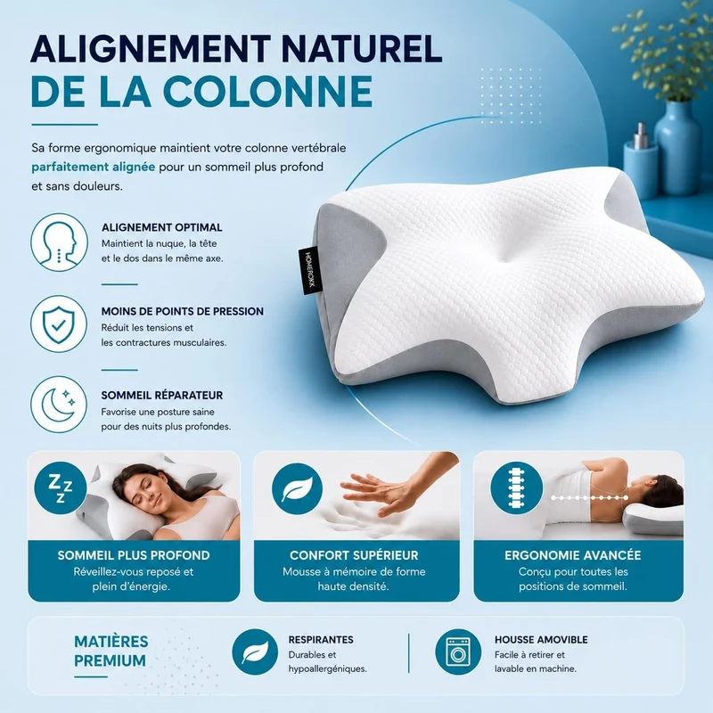 Oreiller Cervical Ergonomique Mémoire de Forme I Soutien de la Nuque et des Cervical I Soulagement des Douleurs et Sommeil Réparateur I Coussin pour Dormir sur Le Côté et sur Le Dos I 60 x 37 x 12 cm
