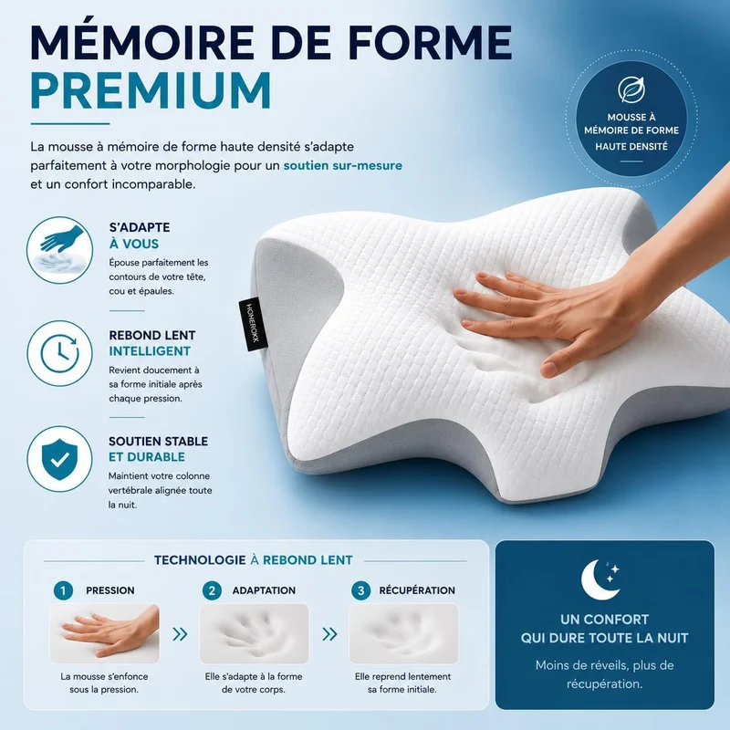 Oreiller Cervical Ergonomique Mémoire de Forme I Soutien de la Nuque et des Cervical I Soulagement des Douleurs et Sommeil Réparateur I Coussin pour Dormir sur Le Côté et sur Le Dos I 60 x 37 x 12 cm