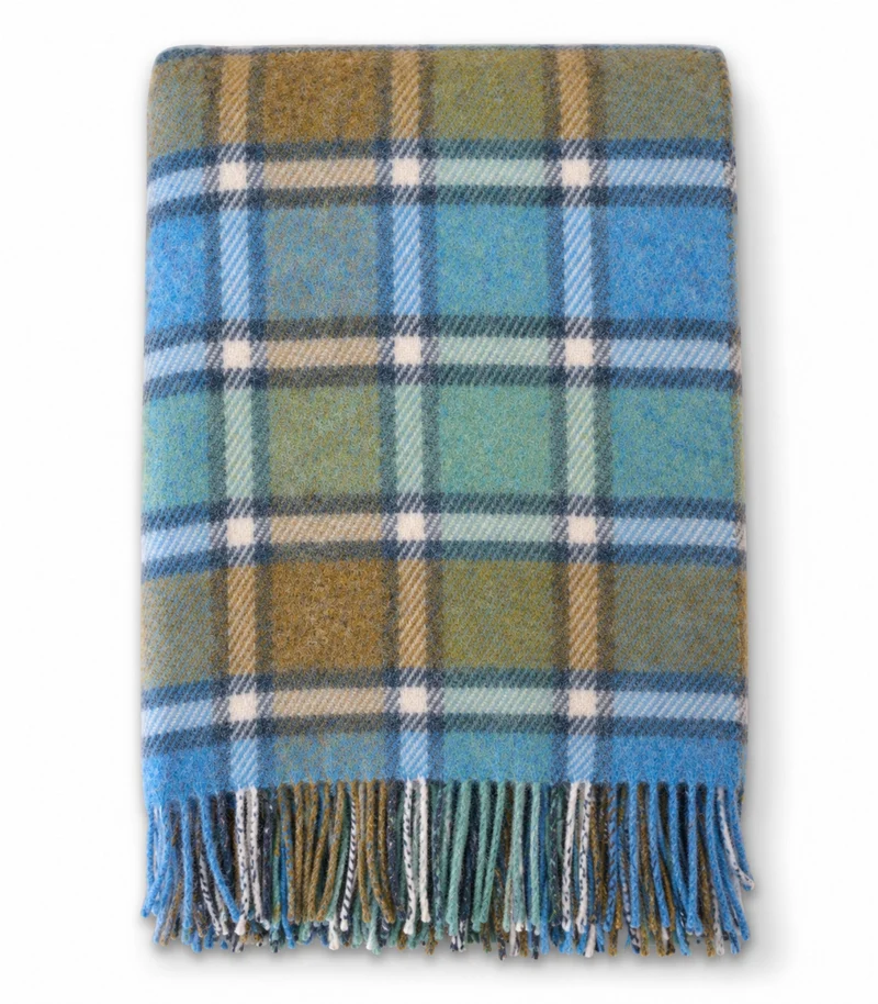 Plaid Pure Laine Ecossais Country Vert et Bleu 136 X 180 cm
