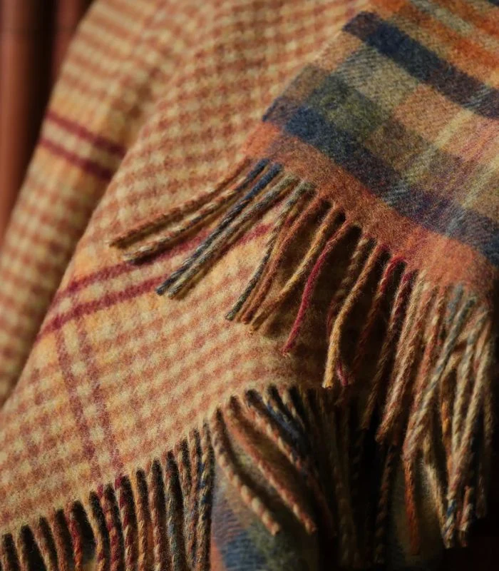 Plaid Laine Écossais Réversible Luxe Vert et Orange 140 X 190 cm