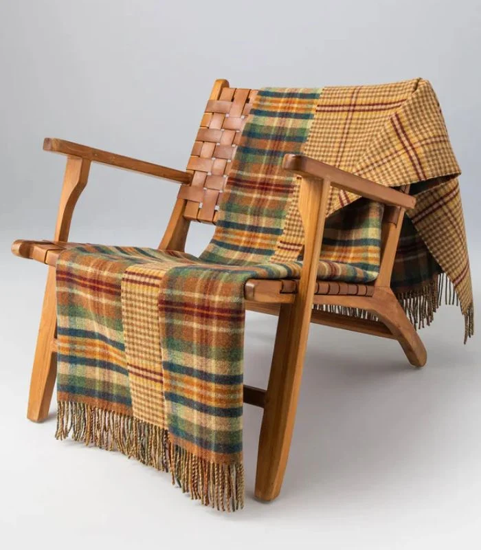 Plaid Laine Écossais Réversible Luxe Vert et Orange 140 X 190 cm