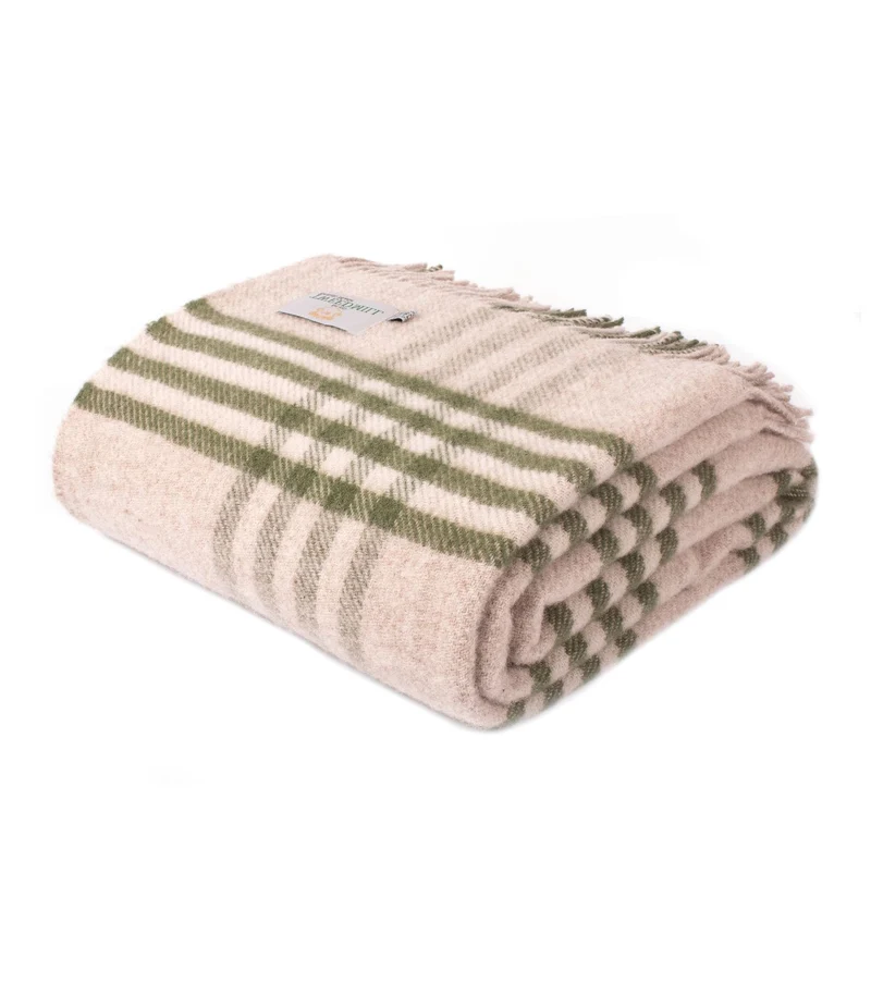 Plaid Laine Carreaux Vert et Beige 150 X 240cm - Collection Aspen