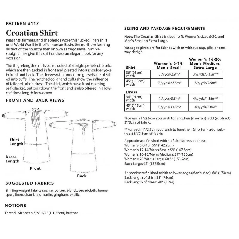 Patron de couture PDF | Chemise croate 117 | Vêtements traditionnels | Unisexe