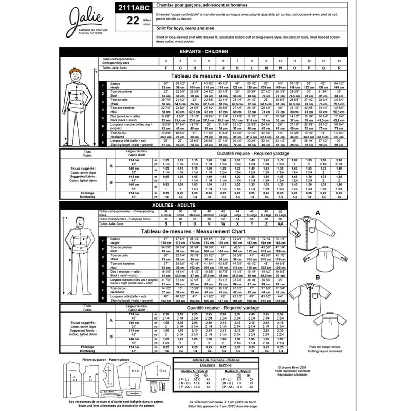 Patron de couture PDF | Chemise classique n° 2111 | Jalie | Hommes et garçons | Bilinguisme (EN / FR)