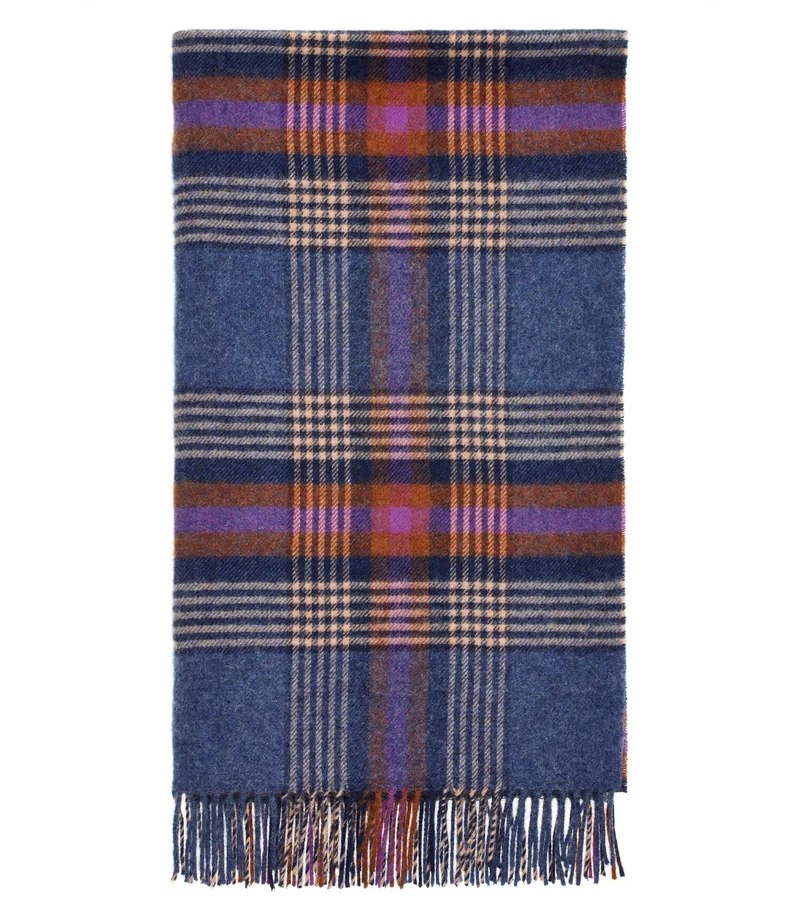 Plaid Laine Ecossais Bleu et Orangé 140 X 185 cm
