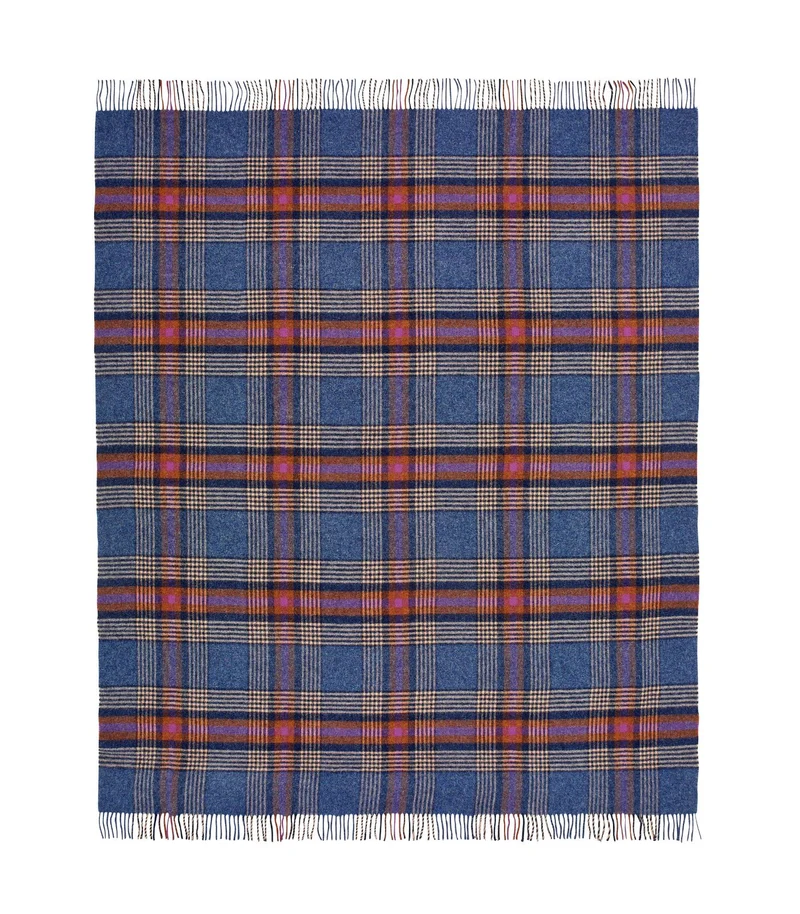 Plaid Laine Ecossais Bleu et Orangé 140 X 185 cm