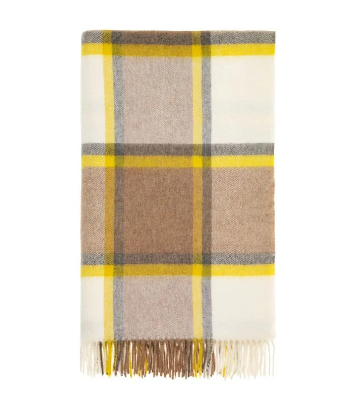 Plaid Laine Mérinos Ecossais Jaune et Gris - 140 X185 cm