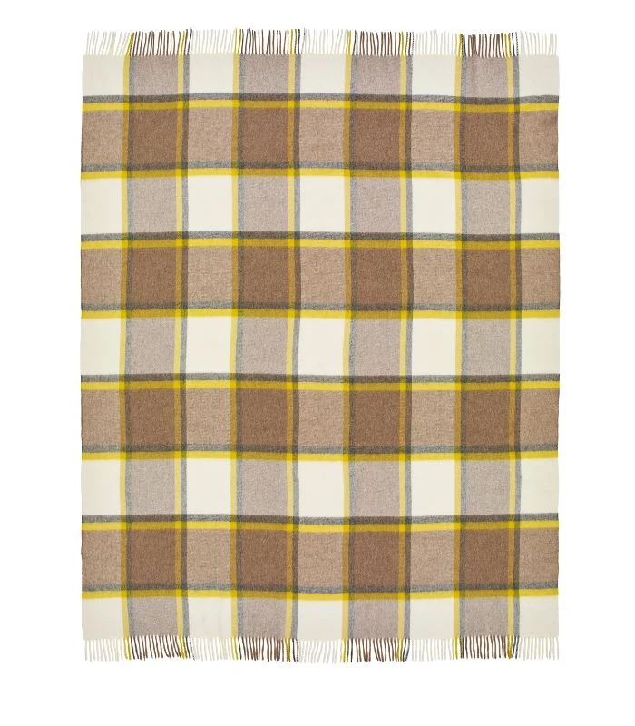 Plaid Laine Mérinos Ecossais Jaune et Gris - 140 X185 cm