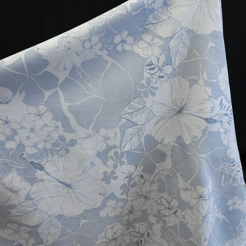 Tissé teint | Lin | Fleurs | Denim | 115 cm | FIN DE ROULEAU