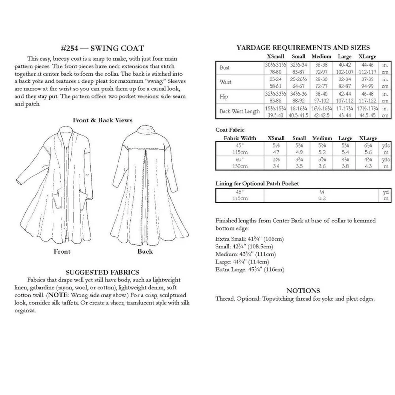 PATRON DE COUTURE PDF | 254 Manteau Swing | Folkwear