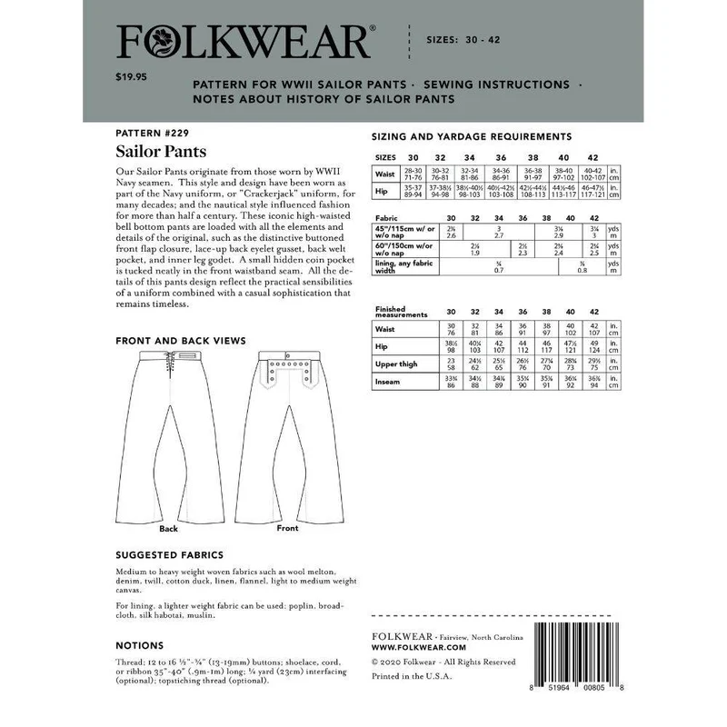 PATRON DE COUTURE PDF | 229 Pantalon marin | Folkwear | UNISEXE