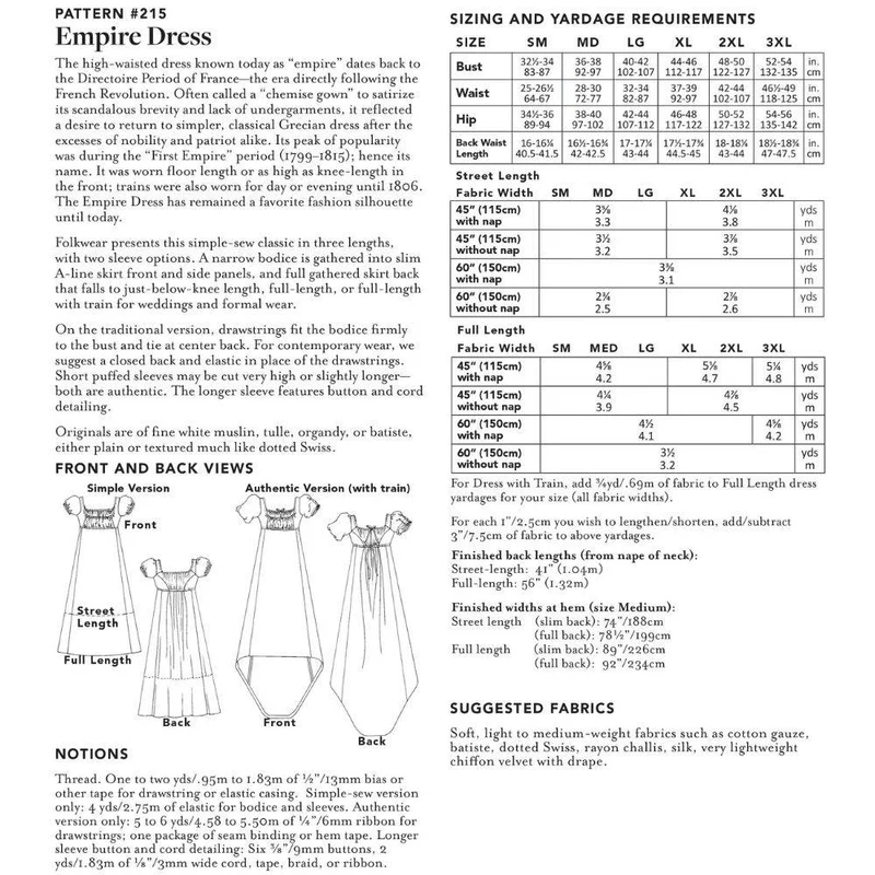 PATRON DE COUTURE PDF | 215 Robe Empire | Folkwear