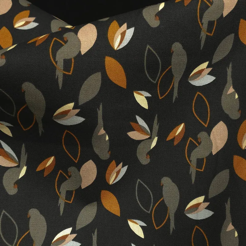 Tissu canevas de coton demi-natté | Oiseaux et feuilles | Charcoal
