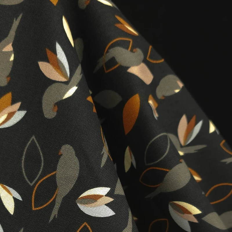 Tissu canevas de coton demi-natté | Oiseaux et feuilles | Charcoal