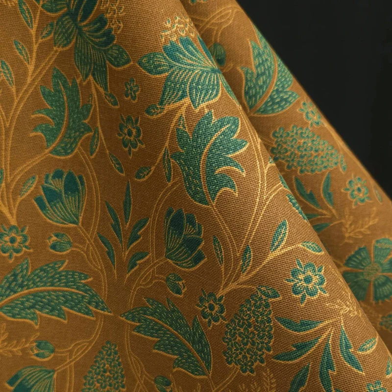 Tissu canevas de coton demi-natté | Floral botanique | Ocre et vert
