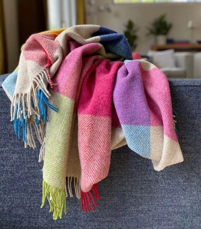 Plaid Laine Carreaux Multicolore Beige 140 X 185 cm