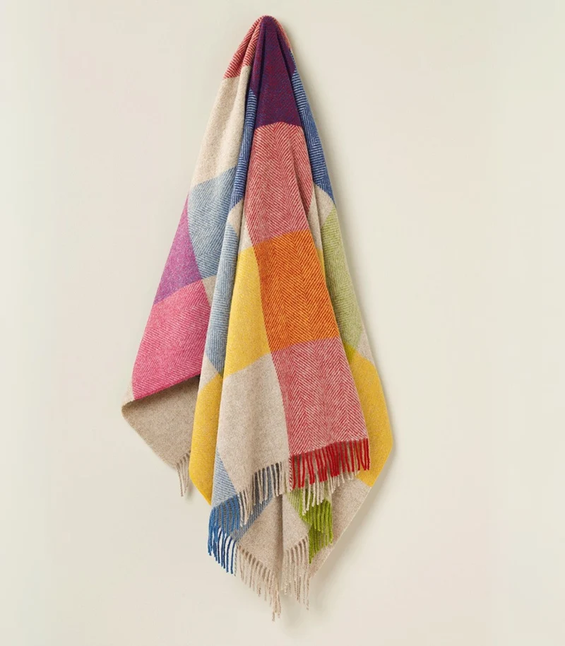 Plaid Laine Carreaux Multicolore Beige 140 X 185 cm