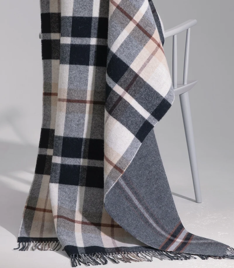 Plaid Laine Écossais Réversible Luxe Noir et Beige 140 X 190 cm