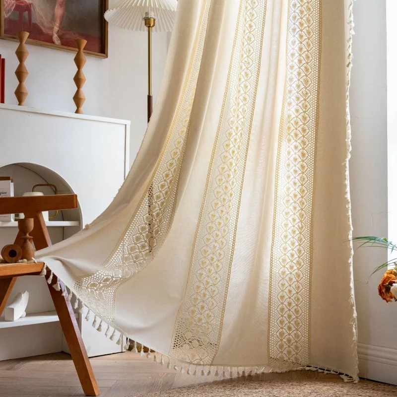 Rideau Tamisant Passe Tringle Motif Crochet Beige 150 x H240 cm