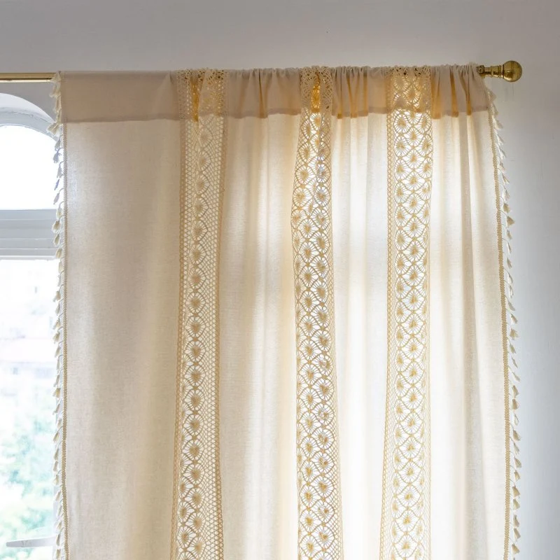 Rideau Tamisant Passe Tringle Motif Crochet Beige 150 x H240 cm