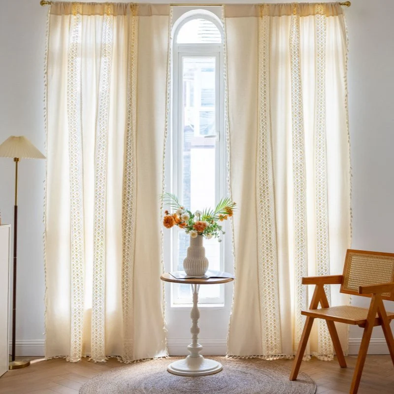 Rideau Tamisant Passe Tringle Motif Crochet Beige 150 x H240 cm