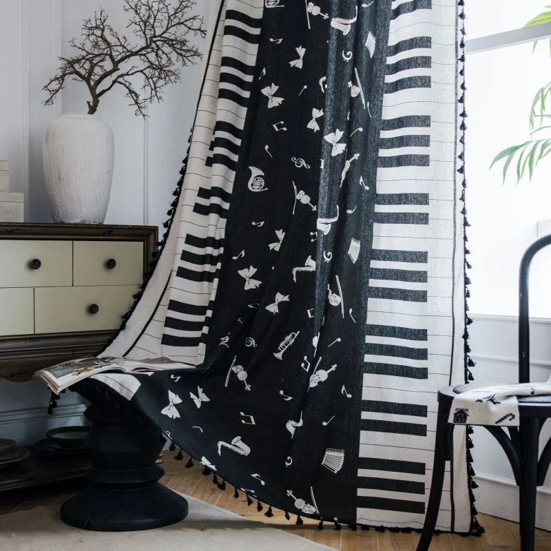 Rideau Tamisant à Franges Piano Passe Tringle Noir Blanc