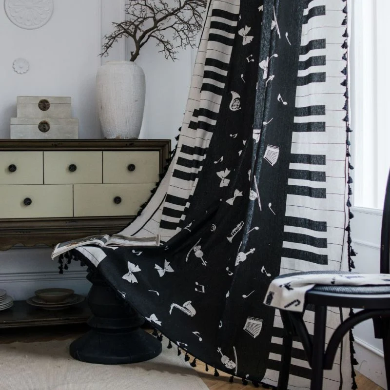 Rideau Tamisant à Franges Piano Passe Tringle Noir Blanc