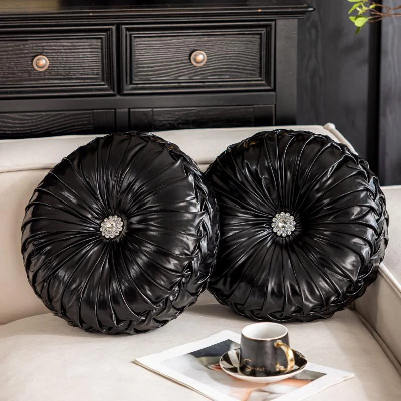 Coussin de Canapé Rond Plissé Brillant 35 cm Noir