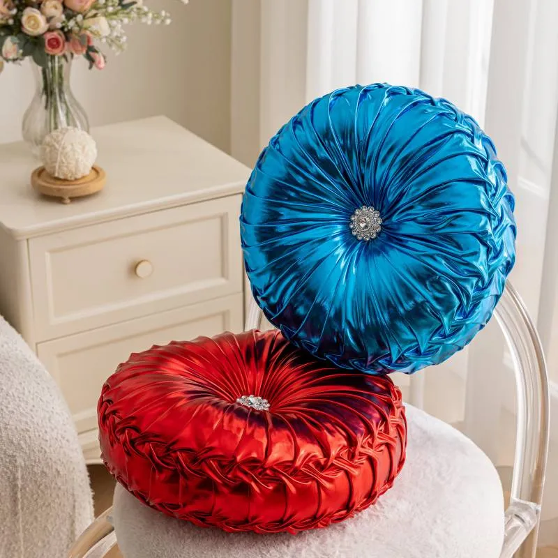 Coussin de Canapé Rond Plissé Brillant 35 cm Bleu