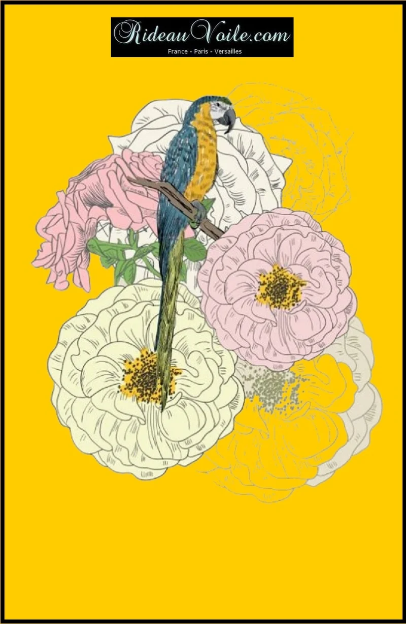 Tissu ameublement mètre motif oiseaux perroquet fleur rideau voilage jaune couette