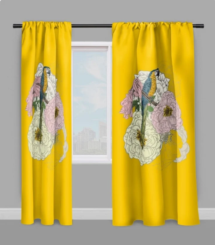 Tissu ameublement mètre motif oiseaux perroquet fleur rideau voilage jaune couette