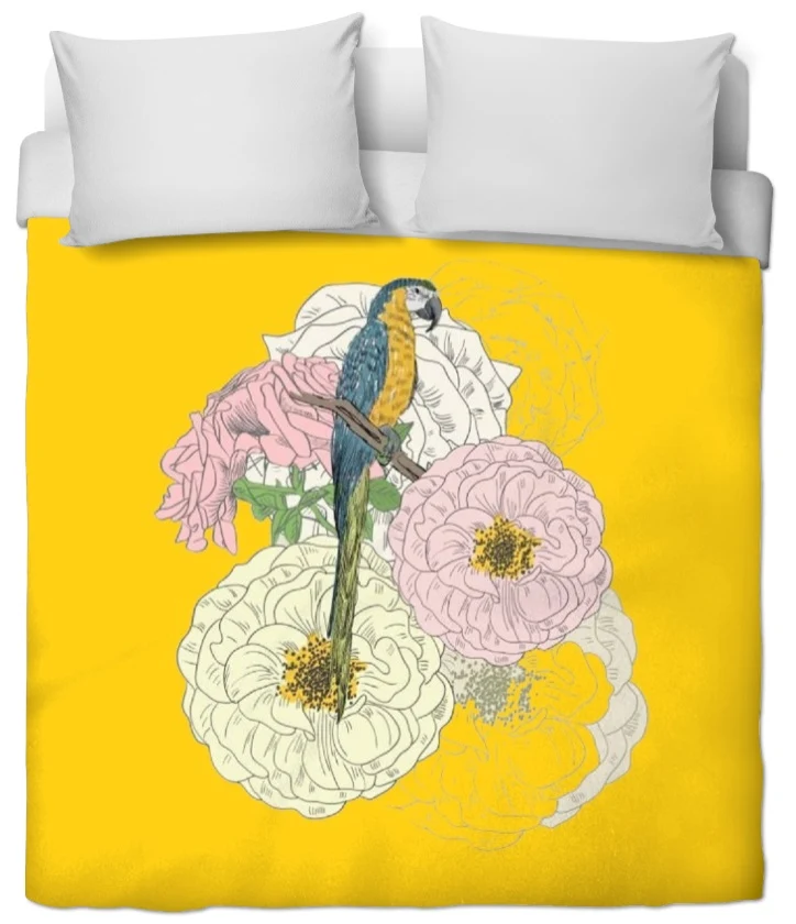 Tissu ameublement mètre motif oiseaux perroquet fleur rideau voilage jaune couette