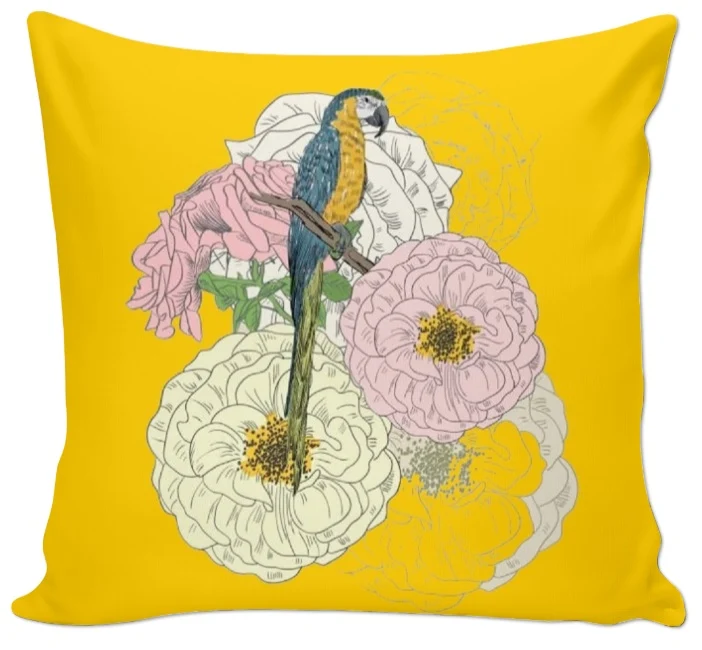 Tissu ameublement mètre motif oiseaux perroquet fleur rideau voilage jaune couette