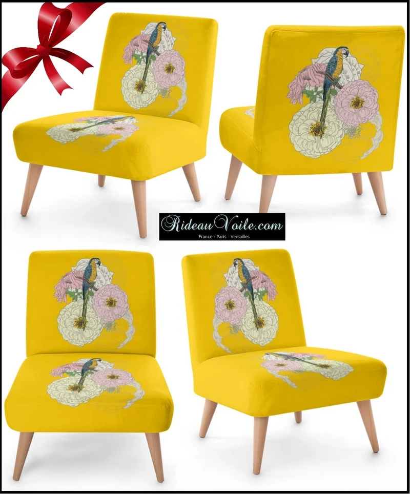 Tissu ameublement mètre motif oiseaux perroquet fleur rideau voilage jaune couette