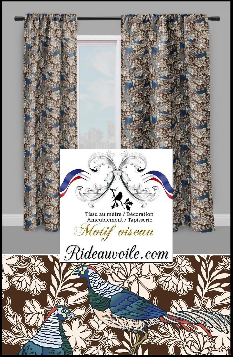 Tissu marron ameublement tropical motif exotique oiseaux fleur au mètre