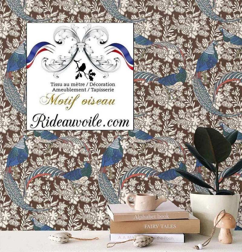 Tissu marron ameublement tropical motif exotique oiseaux fleur au mètre