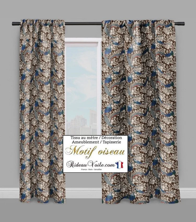 Tissu marron ameublement tropical motif exotique oiseaux fleur au mètre