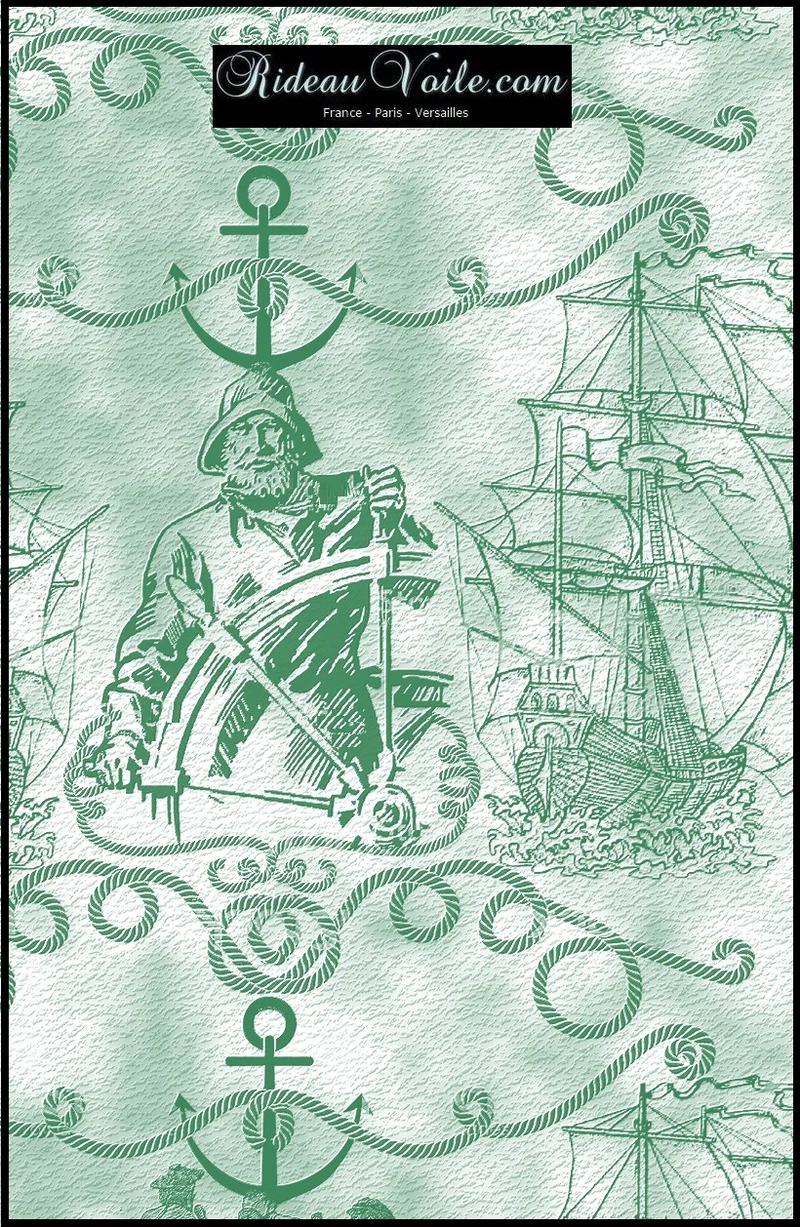 Boutique Tissu motif bateau style Marin vert au mètre rideau tapisserie siège fauteuil