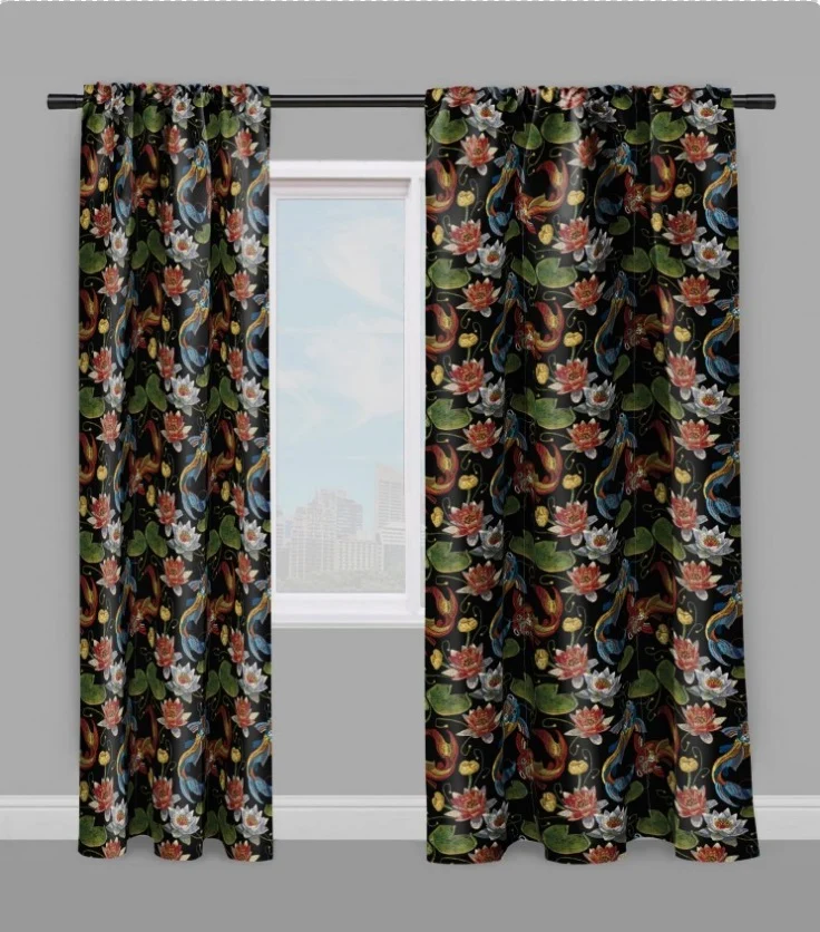 Tissu au mètre ameublement motif poisson Japonais Carpe Koï déco Japonaise rideau