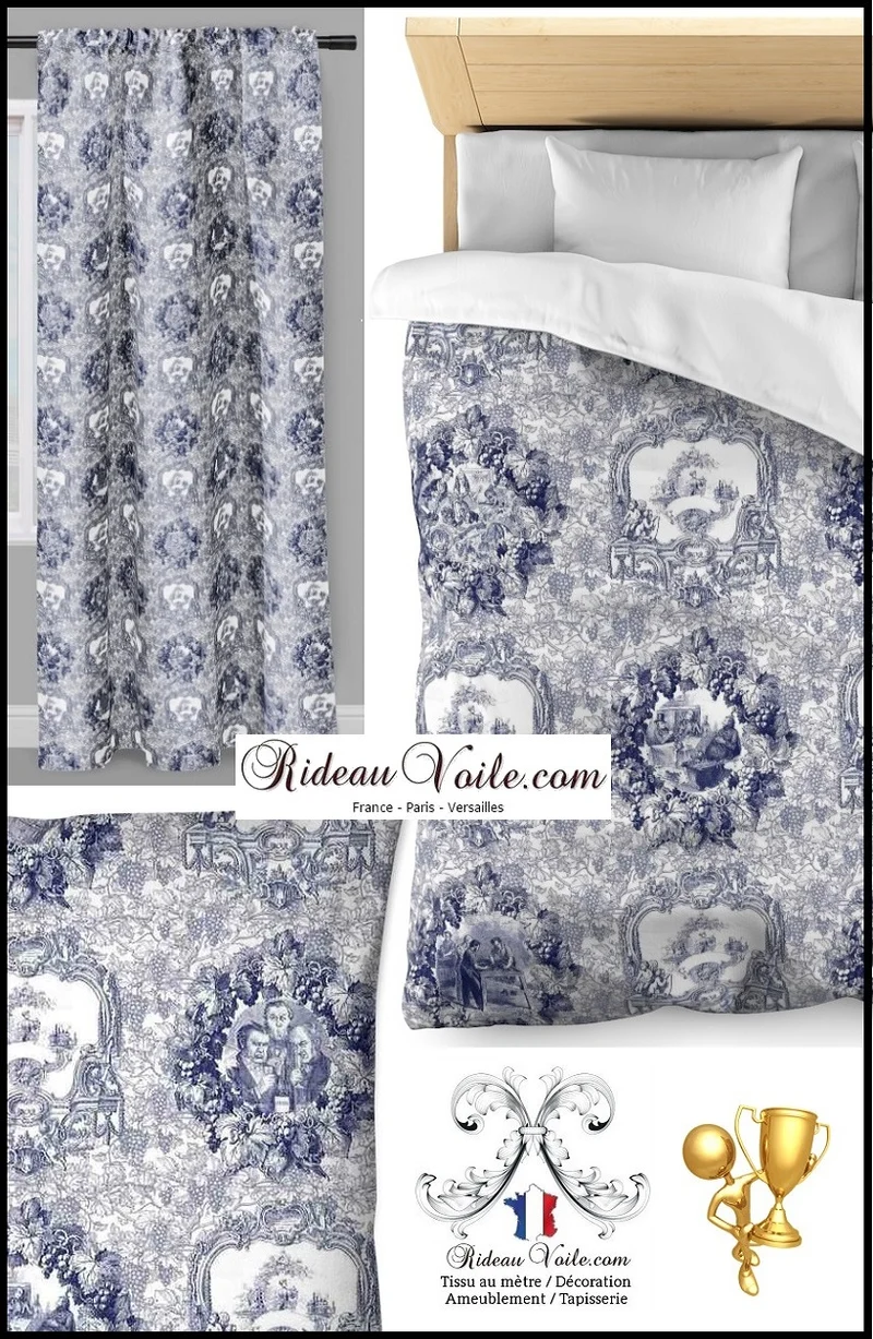 The emblematic French 'Toile de Jouy' fabric upholstery au mètre bleu sombre rideau