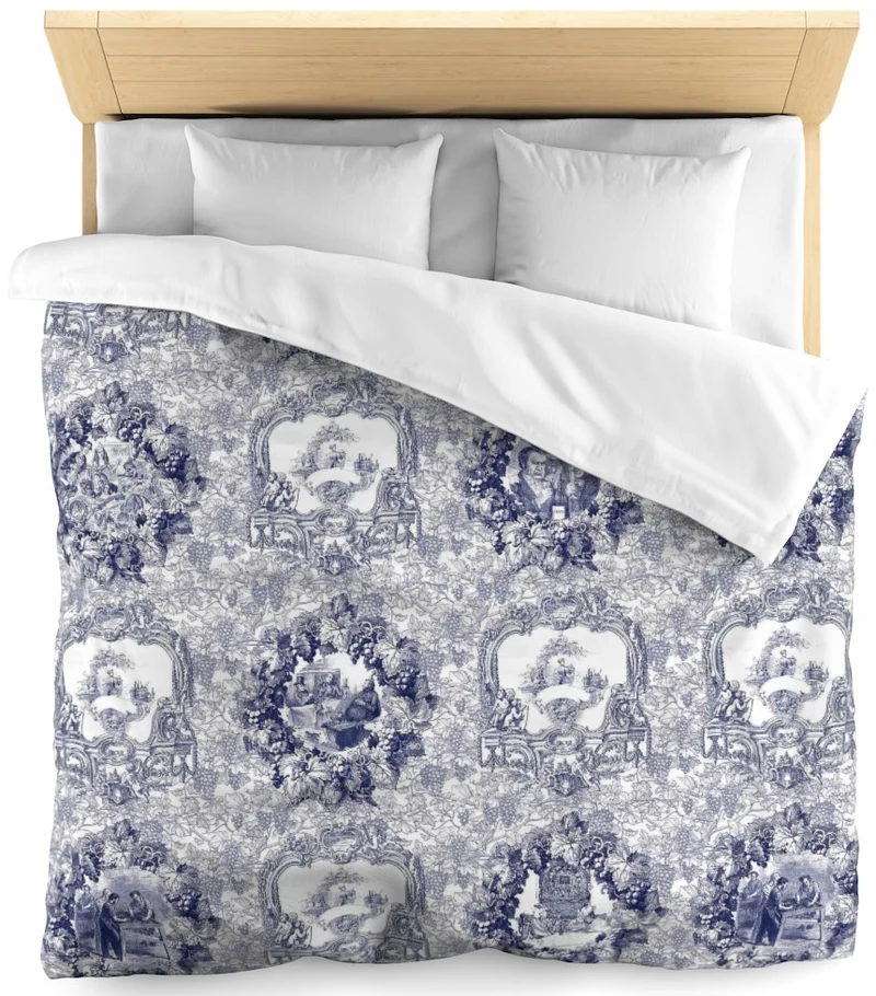 The emblematic French 'Toile de Jouy' fabric upholstery au mètre bleu sombre rideau