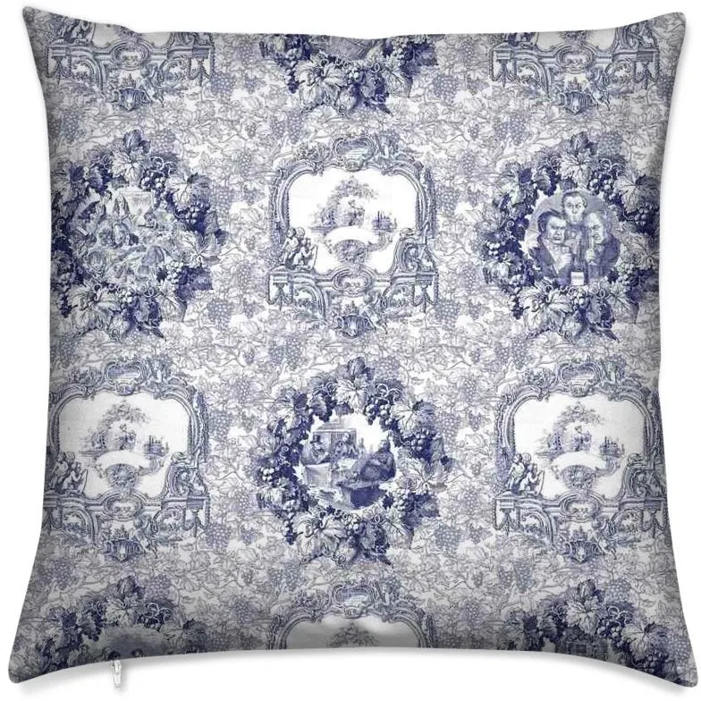 The emblematic French 'Toile de Jouy' fabric upholstery au mètre bleu sombre rideau