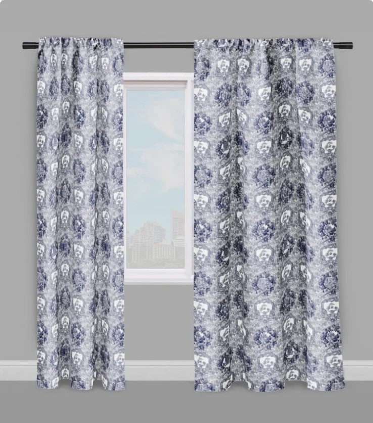 The emblematic French 'Toile de Jouy' fabric upholstery au mètre bleu sombre rideau