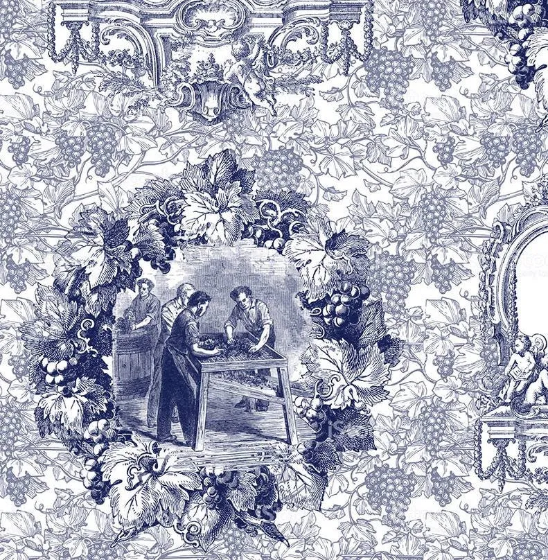 The emblematic French 'Toile de Jouy' fabric upholstery au mètre bleu sombre rideau