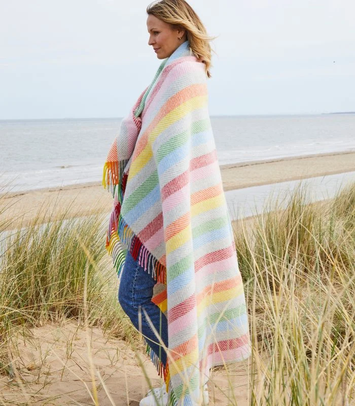 Plaid Laine Rainbow Gris Rayures Colorées 150 X 183 cm