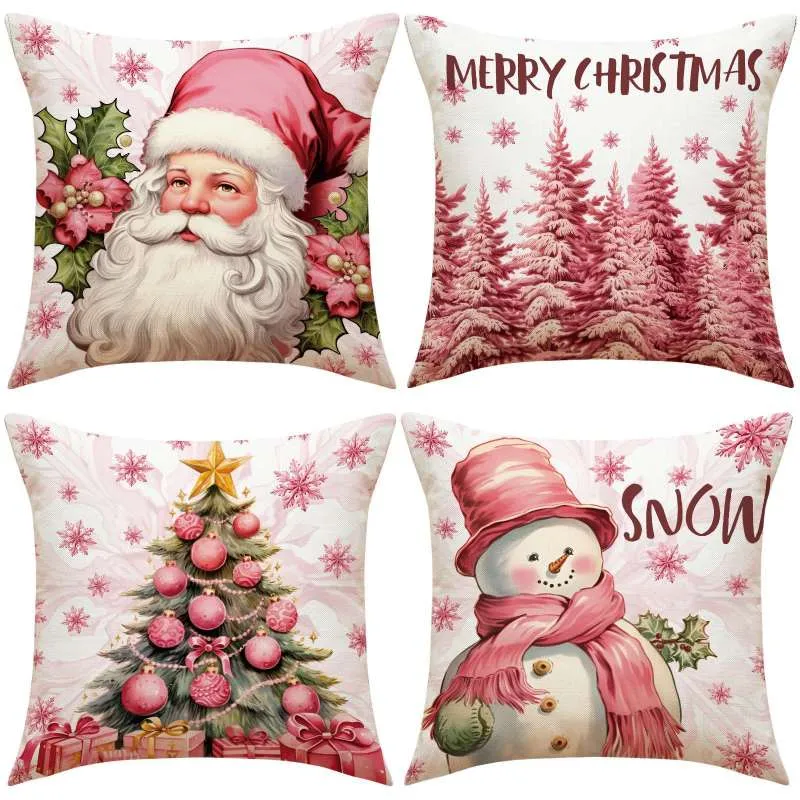 Lot de 4 Housses de Coussin Noël Rose (45 X 45 cm)
