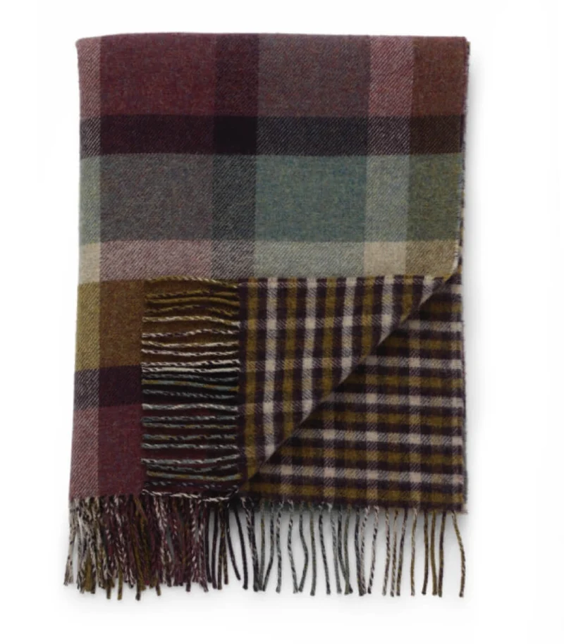 Plaid Laine Écossais Réversible Luxe Aubergine et Vert 140 X 190 cm