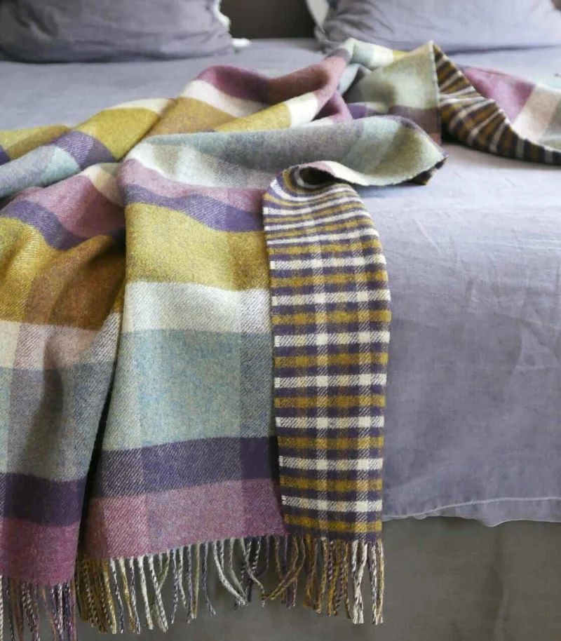 Plaid Laine Écossais Réversible Luxe Aubergine et Vert 140 X 190 cm