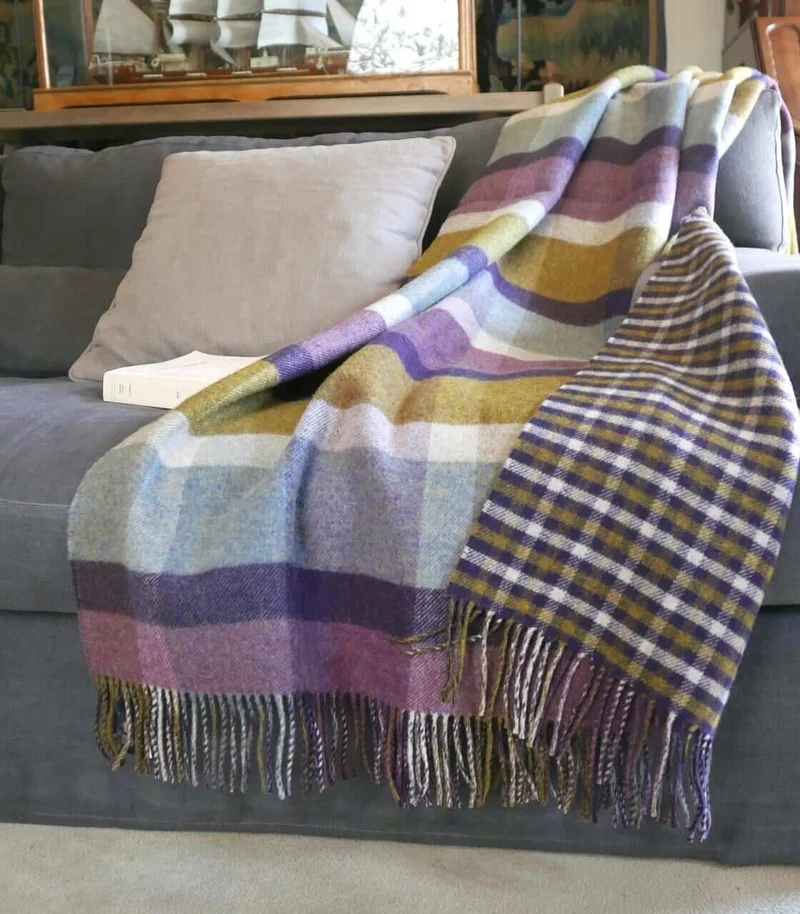 Plaid Laine Écossais Réversible Luxe Aubergine et Vert 140 X 190 cm